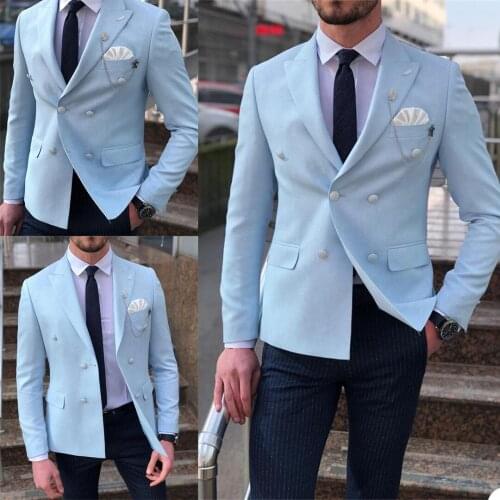 Summer Men Blazer Suits Blue Peaked Lapel Double Breasted Casual Male 1 Piece Set Pocket Smart Casual Streetwear Tuxedos