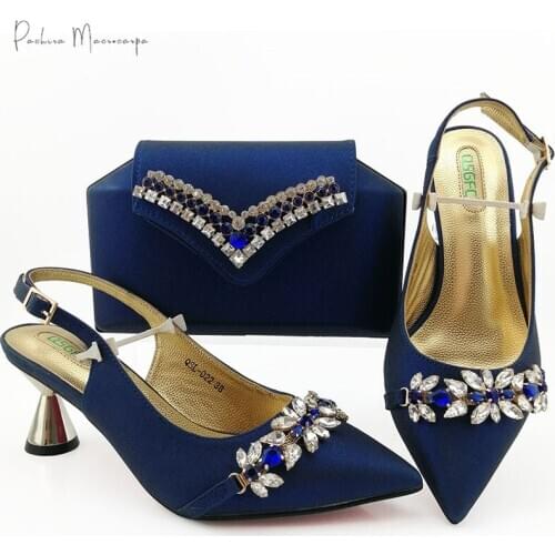 Hot Selling Italian Design Lastest Fashion African Crystal Style Nigerian Women Shoes and Bag Set in Royal Blue Color for Party