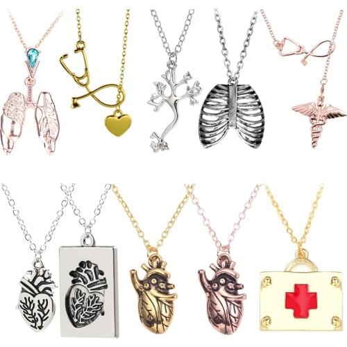 Medical Jewelry Heart Stethoscope Lungs Rib First Aid Kit Neurology Organs Anatomy Necklace Doctor Nurse Graduation Medical Gift