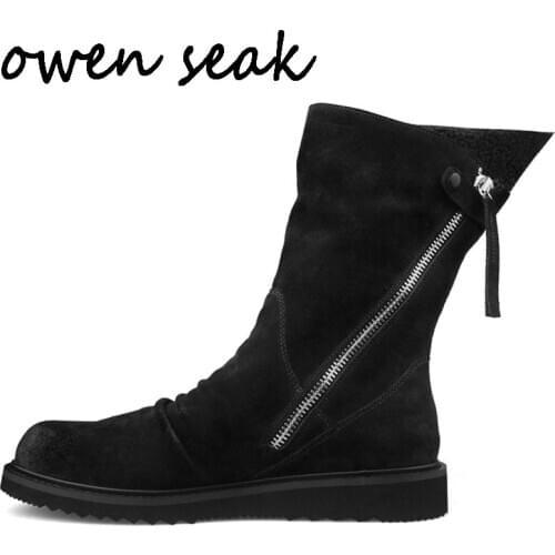 Owen Seak Men Boots Cow Suede High-TOP Luxury Trainers Winter Snow Plush Boots Casual Zip Flats Shoes Black Sneakers