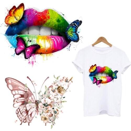 Iron-on Transfers For Clothing Stickers Thermo-sticker On Clothes Lips Butterfly Flowers Appliques For Clothes T-shirt Stripe