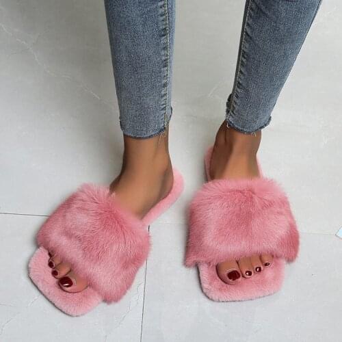 2021 Fall/winter Womens New Solid Color Fur Slides Womens Indoor Home Rabbit Furry Shoes Square-head Warm Soft-soled Slippers