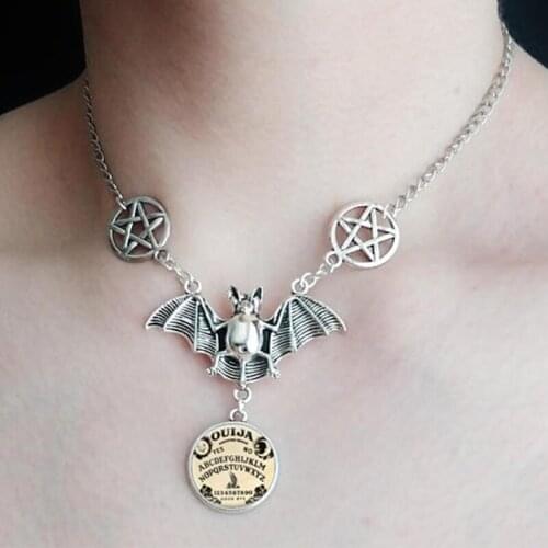 New Trend Fashion Gothic Flying Bats with Ouija Glass Pendant Choker Necklace Handmade Jewelry for Women