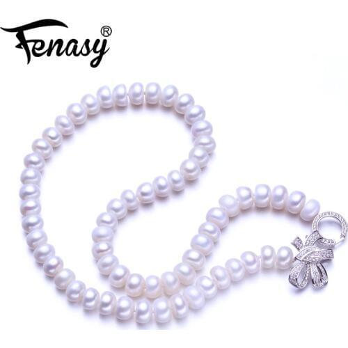 FENASY bowknot necklace fine AAAA high quality natural freshwater pearl necklace for women gift 9-10mm pearl jewelry 45cm
