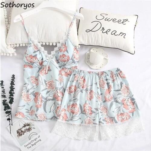 Pajama Sets Women Lounge Wear Lace New Chic Korean Style Printed Two Pieces Set Chiffon Summer Sexy Female Sleeveless Ins Loose