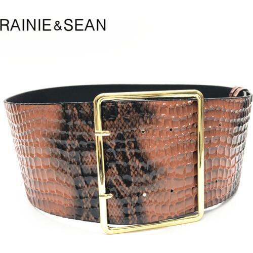 RAINIE SEAN Extra Wide Belt Female Serpentine Pu Leather Cummerbunds for Women Fashion Coffee Decorative Belt for Dresses