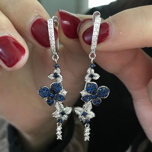 Blue&Black Flower Design Zircon Dangle Earrings For Women Handmade Enamel Earrings Fashion Wedding Jewelry