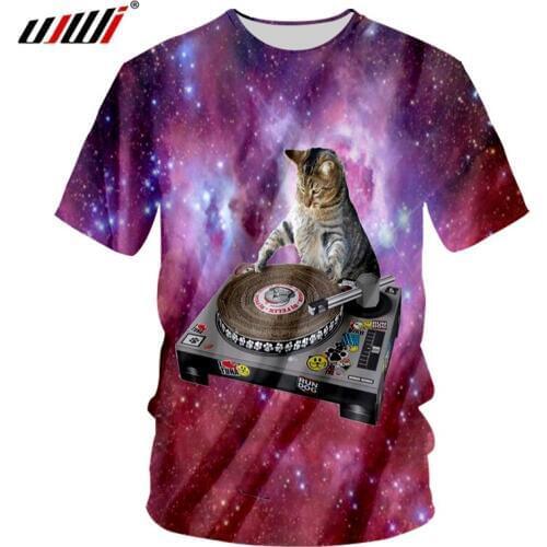 UJWI O Neck T-shirt Man Hot Short Sleeve 3D Tee Shirt Print Starry sky Djing cat Hip Hop Oversized Costume Homme Spring T Shirts