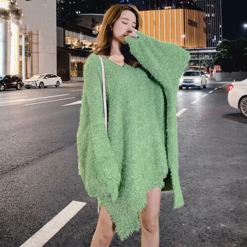 New net red medium length large sweater autumn and winter new foreign style casual Pullover knitted dress