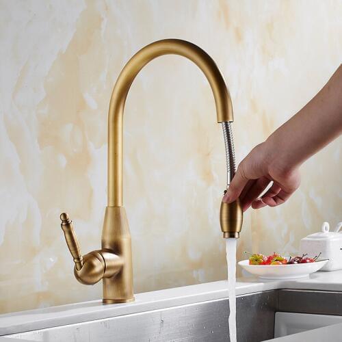 Pull Out Kitchen Faucets 360 Degree Rotation Solid Brass Sink Tap Mixer Antique Bronze Faucet Hot/Cold Tap Deck Mounted Taps