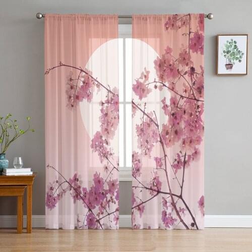 Japanese Sakura Cherry Blossoms Tulle Window Curtain for Living Room Modern Sheer Curtain for Bedroom Kitchen Drapes Custom
