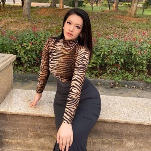 Autumn Winter Sexy Skinny Leopard Print T-Shirt Women New Casual Slim Long Sleeve Turtleneck Bodycon Elegant Pullover Top SJ6079