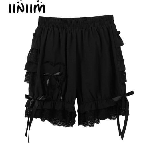 Womens Layered Ruffle Lace Trim Loose Pumpkin Shorts Vintage Victorian Gothic Pantaloons Costume Elastic Waist Bloomers Shorts