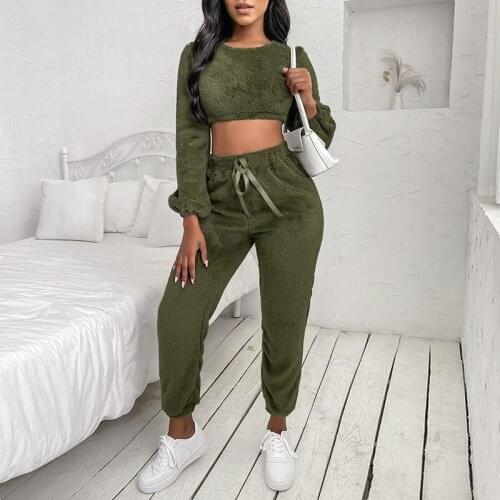 Women Velvet Plush Tracksuit Casual Loungwear Female Outfits Long Sleeve Pullover Crop Top And Drawstring Pant Two Piece Sets