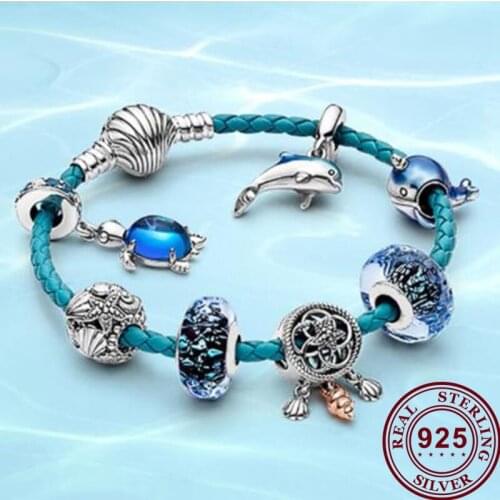 100% S925 Sterling Silver Summer Ocean Series Blue Secret Fish Starfish Turtle Glass Shell Leather Fashion Pan Bracelet Female