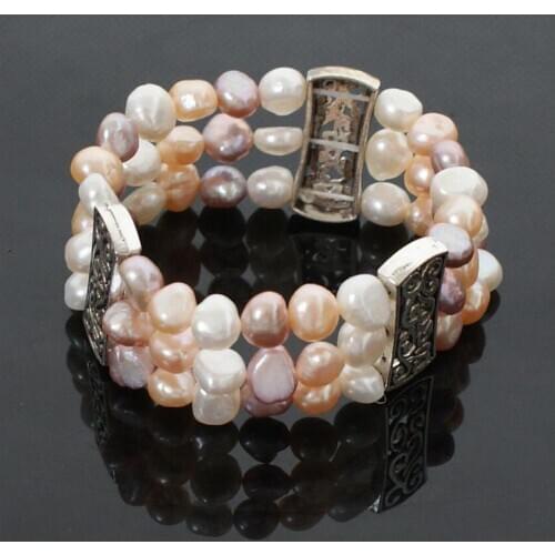 New Womens Tibet Silver Nature Freshwater Pearl Bracelet 3 Rows Bracelet 8-9 mm multicolor