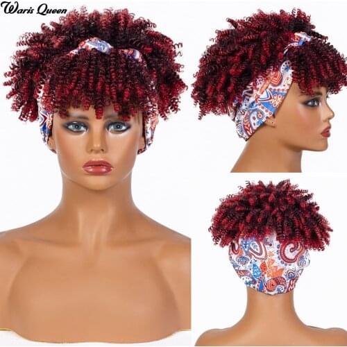 Womens Wine red Ombre Natural Afro Kinky Curly Synthetic For Black Headband Wigs With Bags Heat Resistant Wig