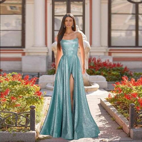 Light Blue Sexy Slit Long Prom Dresses Straps Spaghetti Sleeveless Formal Women Party Gown Backless