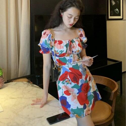 Retro Floral Dress Summer High Waist Thin Temperament Sleeve Skirt Women All-Matched and Comfortable d88