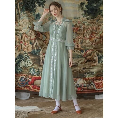 2020 Spring Dress Women Vintage Elegant Slim Long Dress Lady Mori Girl Fresh Sweet Embroidery Green Long Casual Everyday Dress