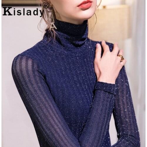2020 Sexy Lace Turtleneck Striped Full Shirt New Spring Tops OL Gothic Shining Women Shirt Korean Harajuku Mesh Fabric Clothes