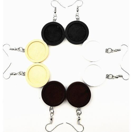 24pairs Brown,log,white,black wood cabochon trays 20mm dia blank bezel with earhook for Earrings making Drop Earrings wholesale