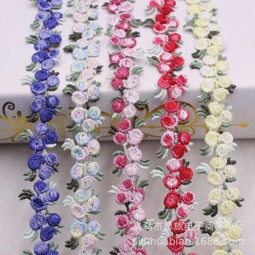 10Yards Delicate Soluble Polyester Floral Colorful Cherry Embroidered Lace Trim Ribbon Handmade Sewing Craft For Costume Hat