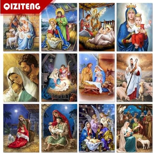 QIZITENG 5D DIY Diamond Painting Religious Mother and Child Cross Stitch Diamond Embroidery Mosaic Artist Home Decoration Gift
