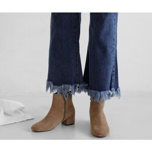 Size 33-42 Womens Leather Boots Fashion Handmade Short Boots Round Toe Thick Heel High Heels Brown Gray Green Black