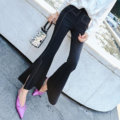 High quality Womens Slim bell pants fashion high waist slit wide leg pants female leg length/OL Casual Pants Wide leg Trousers