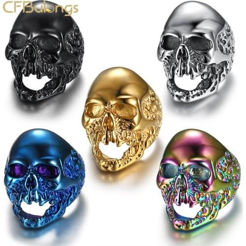 CFBulongs Retro Zombie Skull Titanium Steel Ring Punk Hip Hop Rock Biker Finger Ring Halloween Party Gift