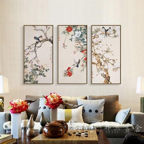 Classic Chinese style flowers and bird painting, plum blossom bird songs, artistic image, posters for home decor