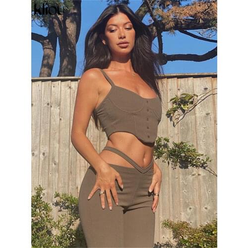 Kliou Knitted Elegant Two Piece Set Women Autumn Classic Button Camisole+Flare Pants Matching Outfit Lady Minimalist Clothing