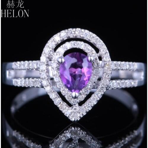 HELON Solid 10K White Gold Flawless Pear 5x4mm Genuine Amethyst Diamonds Women Engagement Wedding Fine Jewelry Diamond Ring