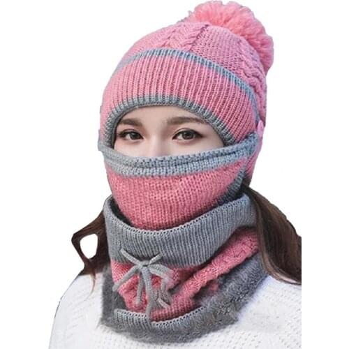 Hot Sales 3Pcs Fleece Inside Knitted Hat Warm Plush Bouncy Winter Spring Face Cover Hat Scarf Set