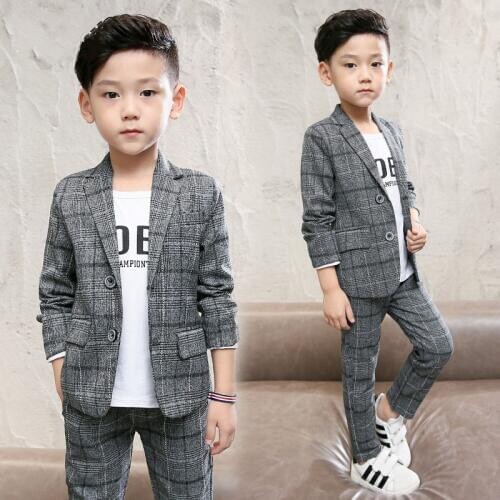 2 PCS Boy Plaid Clothing Set Blazer + Pants Suit Childrens Leisure Outfit