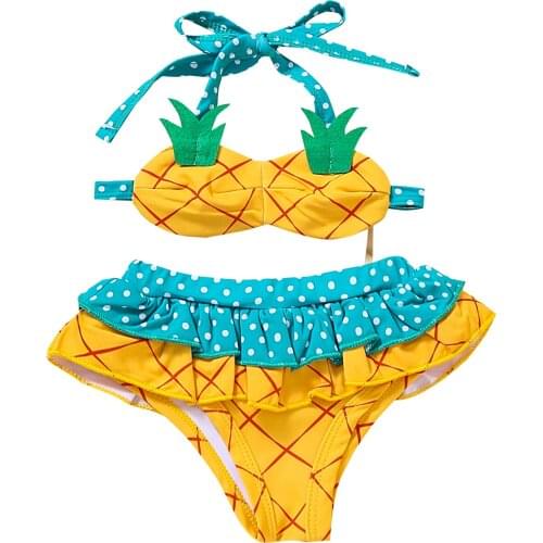 0-24M Girls Split Swimsuit Summer Cute Strawberry/Pineapple Shape Hanging Neck Suspender Top + Flouncing Shorts Set