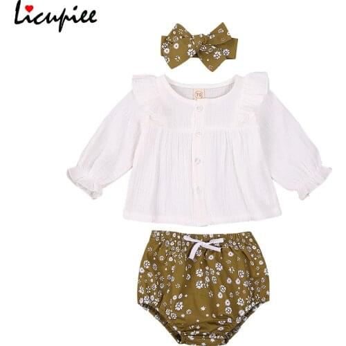 Licupiee 3 Pieces Set Baby Suit Set, Solid Color Round Neck Long Sleeve Top+ Floral Print Shorts+ Headband 0-24 Months