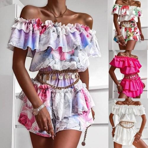 Fashion Women Floral Short Sleeves Dress Summer Off Shoulder Mini Ruffle Dresses Office Ladies Sashes Dresses