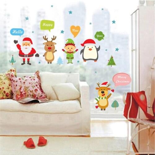 Cartoon Father Christmas Reindeer Penguin Celebrate Christmas Wall Stickers For Shop Home Decor Xmas Festival Window Decal