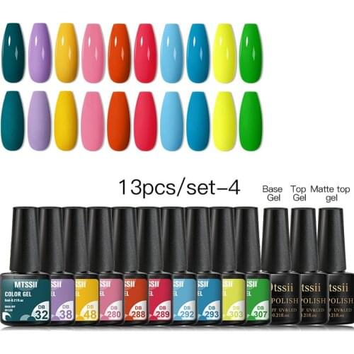 MTSSII 13PCS Neon Color Gel Nails Polish Set Semi Permanent Glitter Varnish Soak Off Base Top Matte Gel Nail Manicure Lacquer