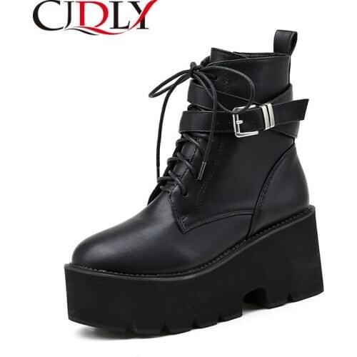 CJDLY New Gothic Sexy Chain Women Leather Autumn Boots Block Heel Black Punk Style High Quality Platform Shoes Female Footwear