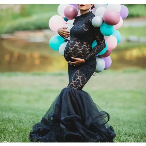 Pregnancy Dress Lace Stitching Lace Pregnant Women High-Neck Puffy Mopping One-Piece Long Skirt Photography Dress Vestidos 2021