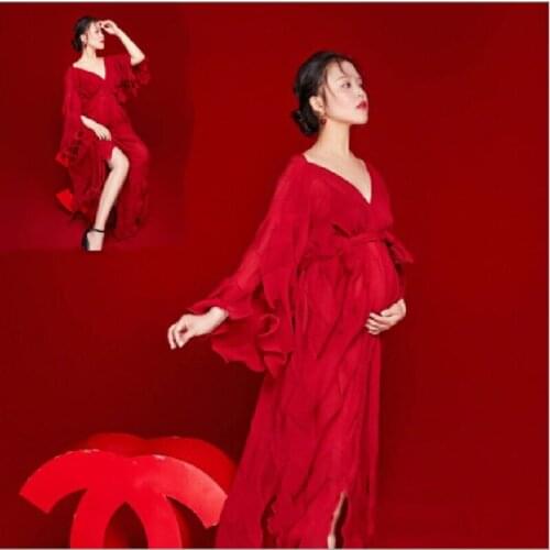 Maternity Dresses For Photo Shoot Chiffon Pregnancy Dress Photography Prop Maxi Gown Dresses For Pregnant Women Red Clothes