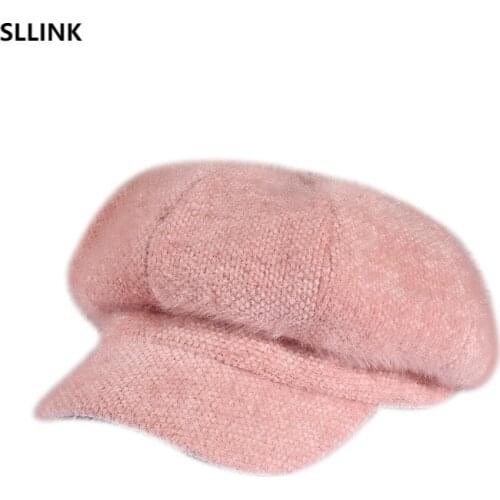Warm autumn and winter Korean version of tide womens solid color chenille Beret outdoor clothing stitched octagonal hat