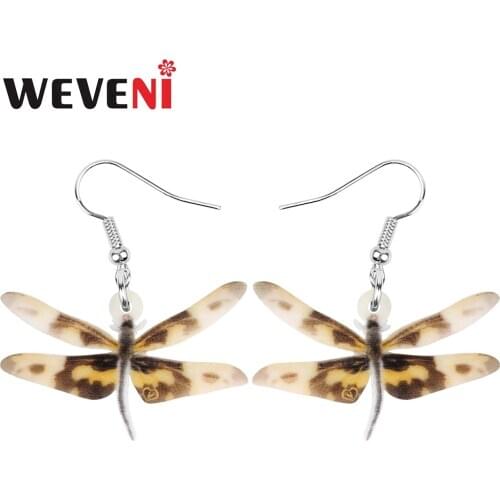 WEVENI Acrylic Brown Dragonfly Earrings Printing Big Insect Animal Dangle Drop Jewellery For Women Girls Funny Party Accessories