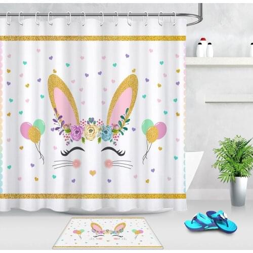 Cute Rabbit Bathroom Shower Curtain Love Heart Flower Balloon Bathroom Bath Curtain with 12 Hooks Home Decor Non-slip Floor Mat