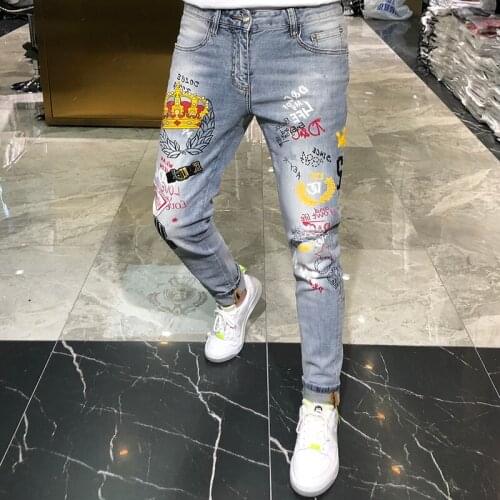 Crown Printing Skinny Jeans Men Joggers White Skinny Jeans Men Spring 2021 Man Jeans Brand New Slim Fit Casual Denim Harem Pants