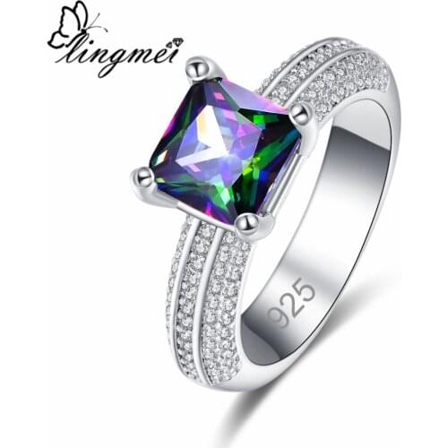 Lingmei New Arrival Princess Cut Multi & Royal Blue White CZ Silver ColorRing Size 6-9 Fashion Women Wedding Jewelry