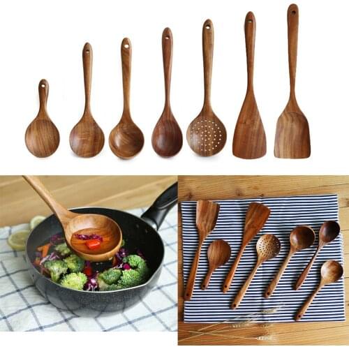 1Pc Wooden Spoons Utensil Nonstick Spatula Soup Spoons Kitchen Natural Teak Wood Cooking Tool Wood Spatula